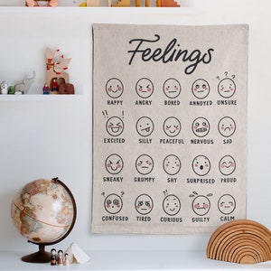 Feelings Tapestry: Woven Wall Hanging for Nursery, Kids Bedroom or Classroom Decor, Emotions Education, Teacher Boho Banner Sign Pennant