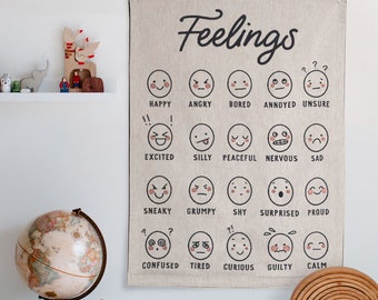 May include: A beige canvas wall hanging with the word "Feelings" in black lettering. The wall hanging features 15 different illustrated facial expressions with corresponding words describing the emotion, such as happy, angry, bored, annoyed, unsure, excited, silly, peaceful, nervous, sad, sneaky, grumpy, shy, surprised, proud, confused, tired, curious, guilty, and calm.