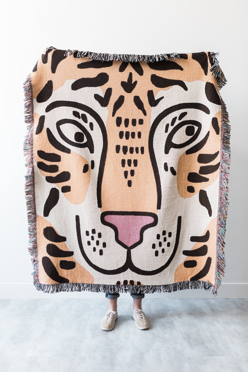 Tiger Throw Blanket: Woven Cotton Throw, Cute & Funny Gift for Animal Lovers, Jungle Decor, Bold Unique Maximalist, Artistic Quirky Home image 1