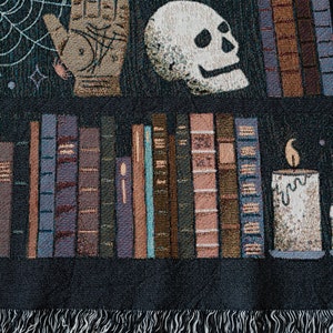 Witches Bookshelf Throw Blanket: Spooky Woven Cotton Throw for Halloween, Skulls Black Cat Potions, Cute Magic Goth, Dark Cottagecore Unique image 3