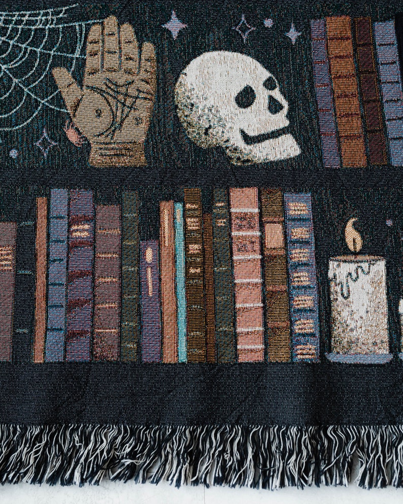 Witches Bookshelf Throw Blanket: Spooky Woven Cotton Throw for Halloween, Skulls Black Cat Potions, Cute Magic Goth, Dark Cottagecore Unique image 3