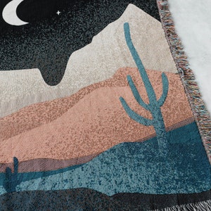 Desert Night Cactus Throw Blanket: Earth Tones Woven Cotton Throw, Southwest Nature Moon, Boho Western Decor, Gender Neutral Kids Nursery image 5