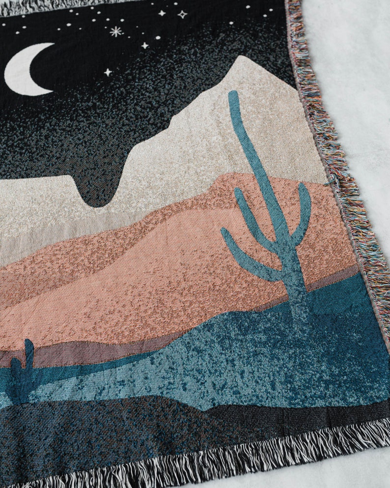 Desert Night Cactus Throw Blanket: Earth Tones Woven Cotton Throw, Southwest Nature Moon, Boho Western Decor, Gender Neutral Kids Nursery image 5