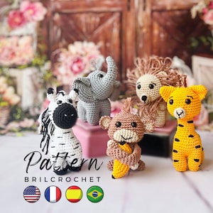 Safari Amigurumi Crochet Pattern: Lion, Elephant, Zebra, Monkey (PDF)