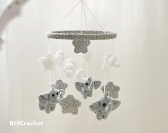 Elephant Baby Mobile: Gray & White Crocheted Stars and Clouds