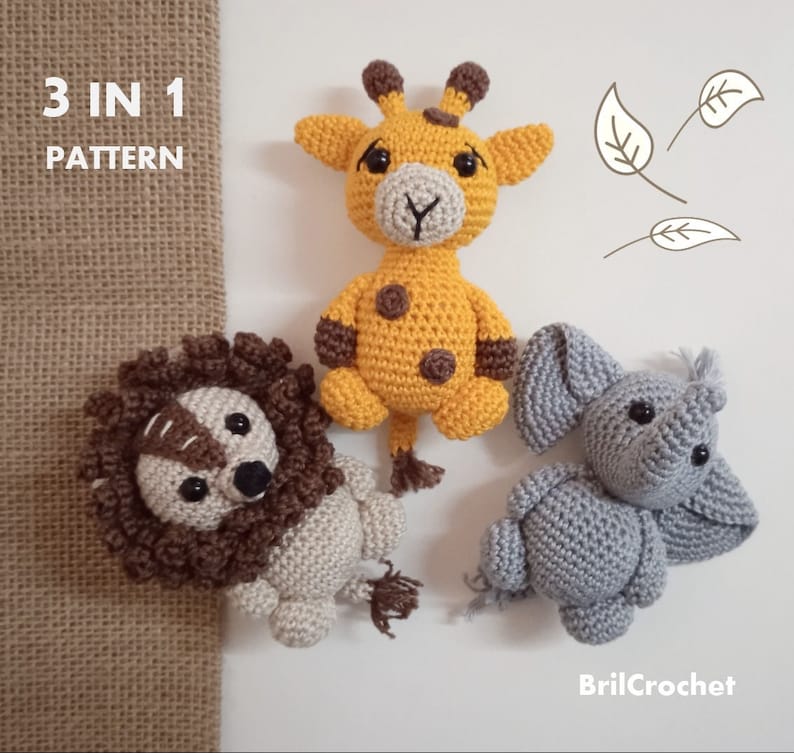 Safari Animal Trio crochet pattern listing photo by BrilCrochet