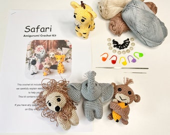 Häkelset komplettes Set, Puppen-Häkelset, Baumwoll-Amigurumi-Garn-Set, Safari-Amigurumi-Komplettset gehäkelt