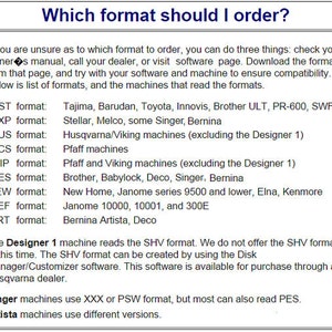 May include: A chart listing different embroidery machine formats and the brands that use them. The chart includes information about the Designer 1 machine, which uses the SHV format, and the Singer machines, which use XXX or PSW formats.