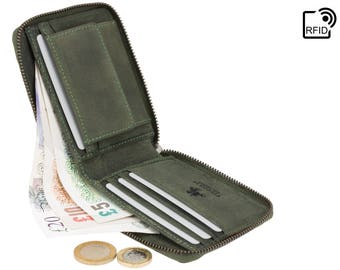 VISCONTI Leder Brieftasche - Oil GREEN - Hunters Collection - Zip-Around Brieftasche - 702 - Geld- und Münzhalter - Kartenetui - Bi-Fold - RFID