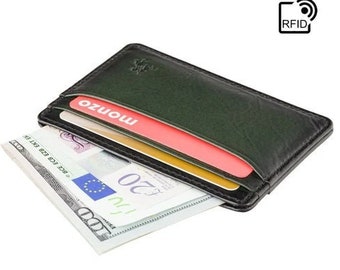 RFID Blocking Slim Card Wallet by VISCONTI - Slim Leather Card Holder Handmade - Burnished Green Leather - Front Pocket Wallet - Evan AT54