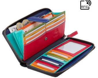 Multi Colour Leather Womens Wallet / RFID Zip Around Wallet - Ladies Large Leather Purse / Ladies Wallet With Zip / Clutch Purse