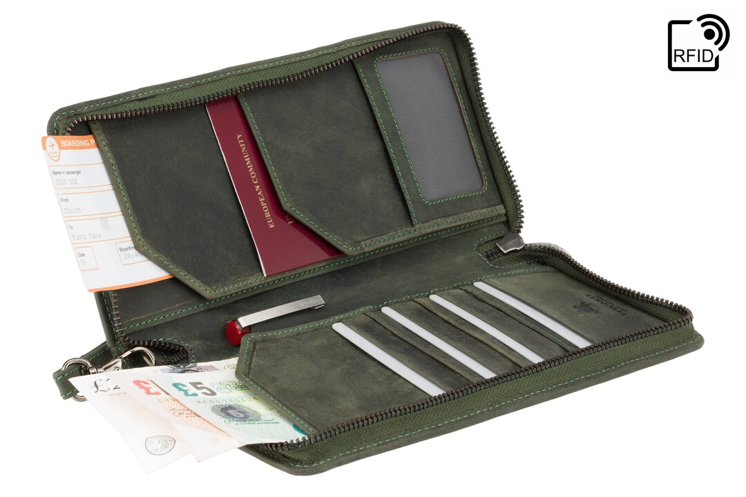 VISCONTI Leather Travel Wallet Oil GREEN Wing Passport Cover Passport