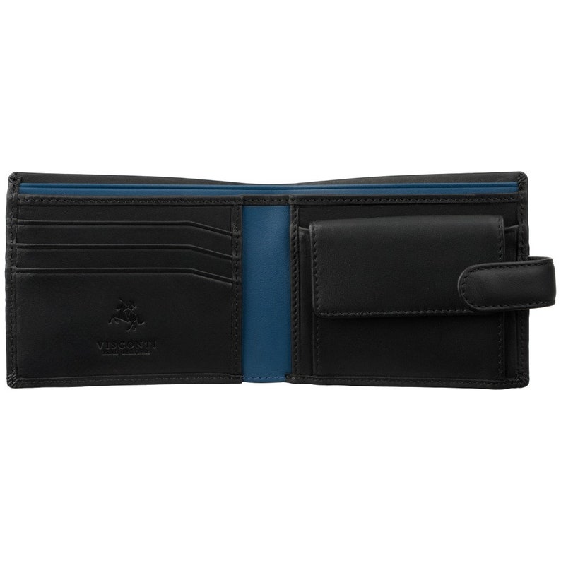 Puede incluir: Cartera de cuero negro con interior azul y logotipo de Visconti. La cartera tiene m&uacute;ltiples ranuras para tarjetas, un portafolios y un bolsillo para efectivo.