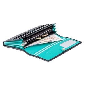 Big Purse in Black/Aqua  - Ladies Wallet - Womens Wallets - Genuine Leather RFID Blocking - Button Close Purse - CD21 Topaz