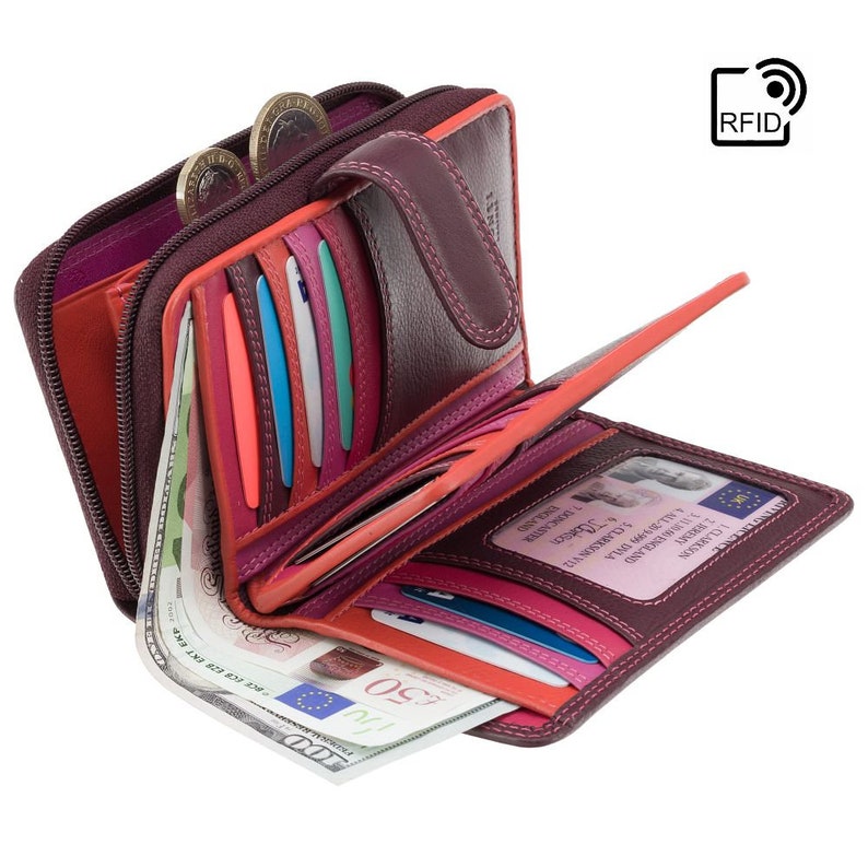 Designer Rio Collection Purse - Ladies Wallet - Womens Wallets - Genuine Leather RFID Blocking - Button Close Purse - R13 Plum image 6