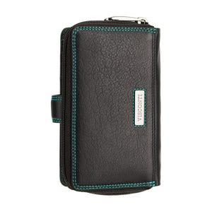 May include: A black leather wallet with a textured surface and vibrant teal stitching along the edges. The wallet features a silver metal rectangular plaque with the brand name VISCONTI embossed in black, and a silver zipper pull at the top.
