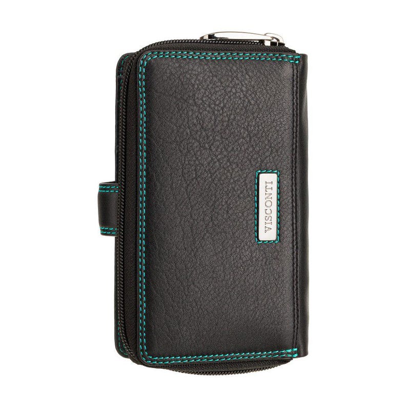 May include: A black leather wallet with a textured surface and vibrant teal stitching along the edges. The wallet features a silver metal rectangular plaque with the brand name VISCONTI embossed in black, and a silver zipper pull at the top.