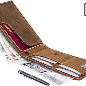Portafoglio in pelle VISCONTI con RFID - Oil TAN - Jet - Portapassaporto - Portapassaporto - Penna con marchio gratuito - Pelle di prima qualità