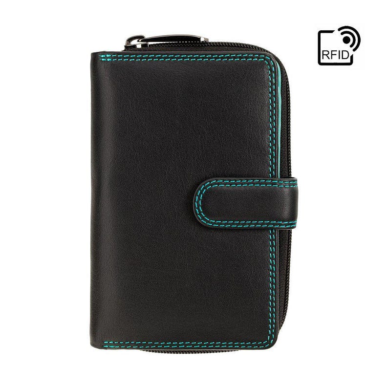 May include: A black leather wallet featuring a wrap-around zip closure and a snap-button strap. The wallet is accented with bright teal stitching along the edges and includes an RFID protection symbol in the upper right corner of the image.