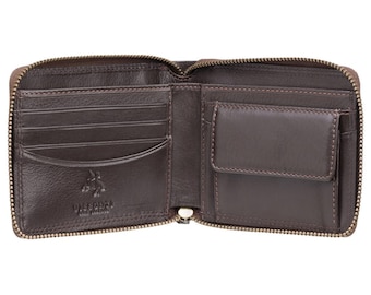 Cartera de piel auténtica de primera calidad con cremallera y protección RFID - Marrón oscuro - HT14 - En caja de regalo