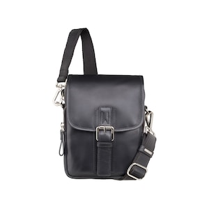 Petit sac en cuir unisexe - Noir - Sac reporter en cuir - Sac en cuir effet vieilli - Sac en cuir vintage - Sac homme - 16208