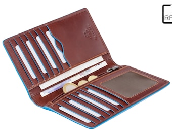 VISCONTI - Brown Long Wallet Leather RFID - ALP88 - Brown / Blue Wallet - Card and Coin Wallet - Card Holder - Jacket Wallet - Mens Wallet
