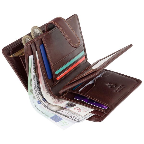 VISCONTI Italienische Braune Luxus Leder Damen Geldbörsen mit RFID - Knopfverschluss - Bargeld und Münze - Geldbörsen für Damen - RFID geschützt - MZ11