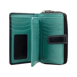 Woman Purse in Black/Aqua - Ladies Wallet - Womens Wallets - Genuine Leather RFID Blocking - Button Close Purse - CD22 Ruby