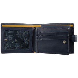 VISCONTI - Cartera de lujo en piel azul/mostaza con protección RFID - Carteras para hombre - Piel de primera calidad - Hecha a mano - PM102
