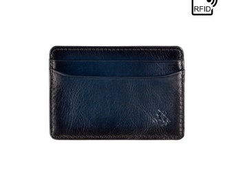 RFID Blocking Slim Card Wallet by VISCONTI - Slim Leather Card Holder Handmade With Burnished Blue Leather - Front Pocket Wallet - Evan AT54
