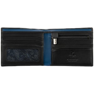 VISCONTI - Cartera de Cuero Suave Negro / Cuero Cobalto con Protección RFID - Carteras para Hombre - Cuero Premium - Hecho a Mano - PM101