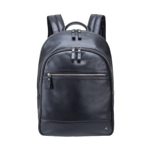 May include: A black leather backpack with a front zippered pocket and silver hardware.