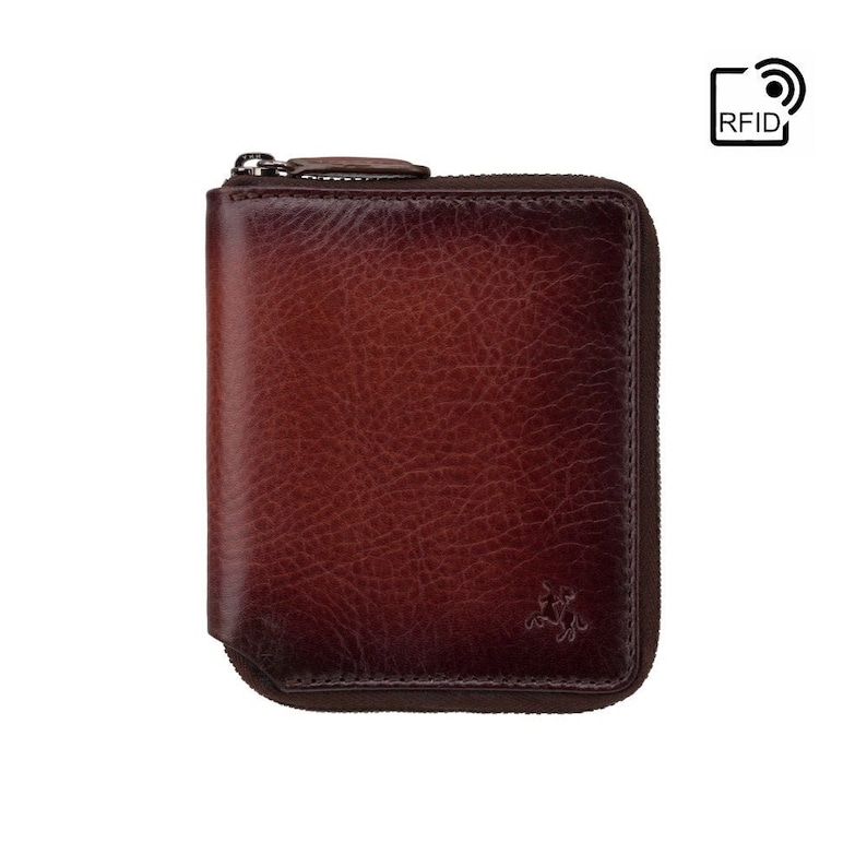 May include: A brown leather zippered wallet with RFID blocking technology. The wallet has a subtle gradient of color from dark brown to light brown.