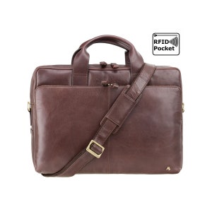 VISCONTI 13" Laptop Bag Merlin Messengers - Hugo - Brown - Natural Full Grain Leather 13" Laptop Bag with RFID - Luxury Laptop Case -  ML30
