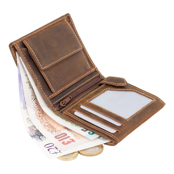 VISCONTI Portefeuille en cuir - Huile TAN - Collection Chasseurs - Petit portefeuille extensible - 708 - Porte-monnaie et pièces de monnaie - Étui à cartes - Bi-Fold - RFID