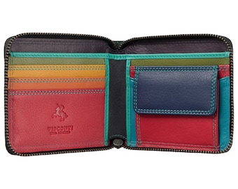 Picasso - Zip Around RFID Wallet / Multi Colour Leather Womens Wallet / Black Ladies Wallet With Zip / Visconti Spectrum