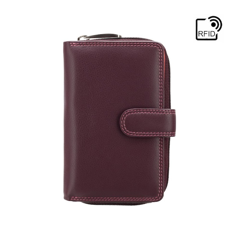 Designer Rio Collection Purse - Ladies Wallet - Womens Wallets - Genuine Leather RFID Blocking - Button Close Purse - R13 Plum image 2