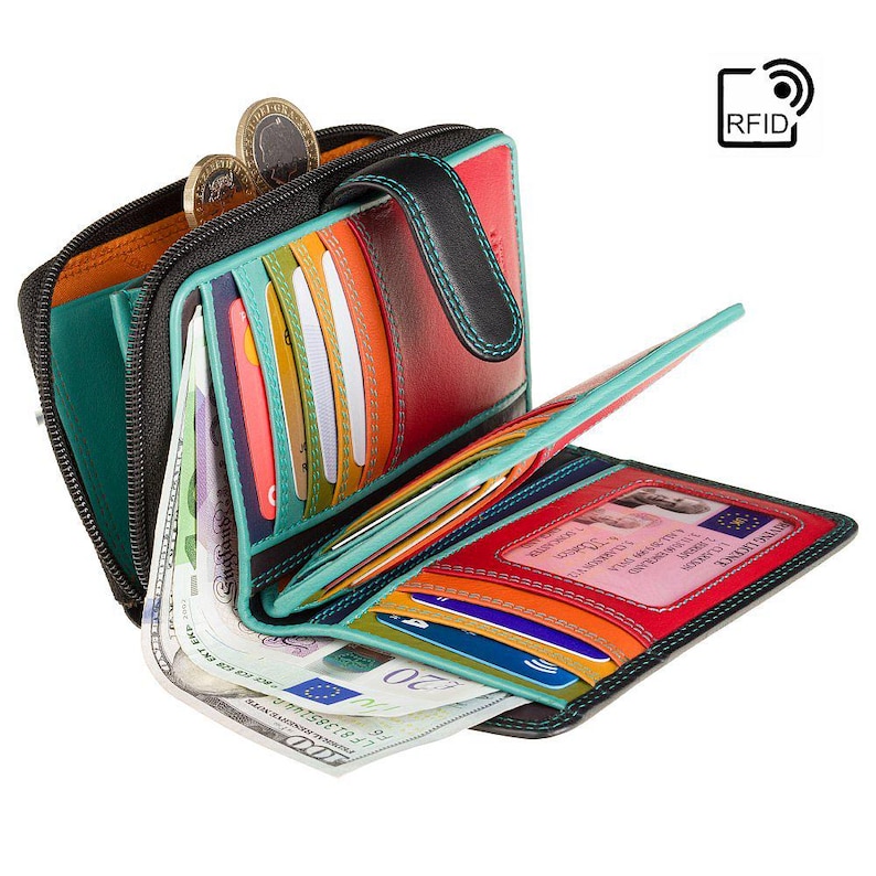 Womens Wallet Purse Leather Purse For Women - Handmade Wallet For Women Gift - Ladies RFID Wallet - Black Multicolour Purse Wallets image 5