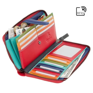 RED Leather Zip Around Purse Wallet Womens Zip Around Leather Purse RFID Blocking Purse Colorful Purses VISCONTI SP33 image 1