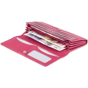 Grand porte-monnaie en cuir anti-RFID pour femme - Fermeture par boutons - Porte-monnaie rose foncé - HT35