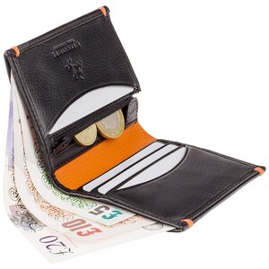 VISCONTI - Billetera de piel RFID negra - AP61 - Negro / Naranja - Billetera para tarjetas y monedas - Billeteras finas - Diseño más vendido - Billetera para hombre