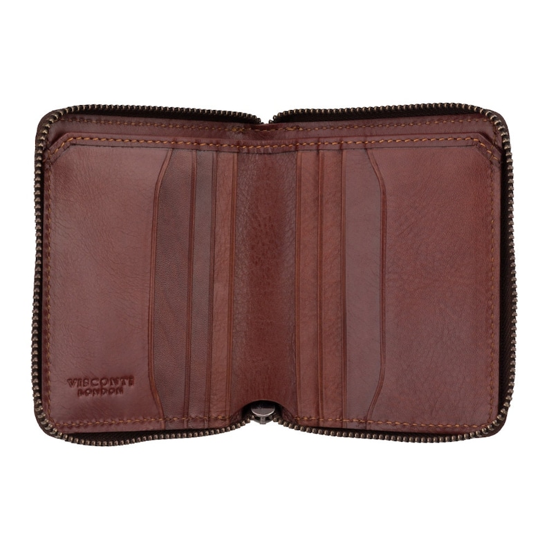 May include: A brown leather zippered wallet with multiple card slots and a zippered coin pocket. The wallet has the text "Visconti London" embossed on the front.