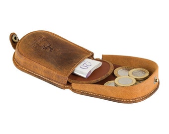 Monedero de cuero con bandeja para monedas - Monedero con botón en cuero bronceado al aceite - Monedero con forma de herradura - Perfecto para monedas, efectivo y llaves pequeñas