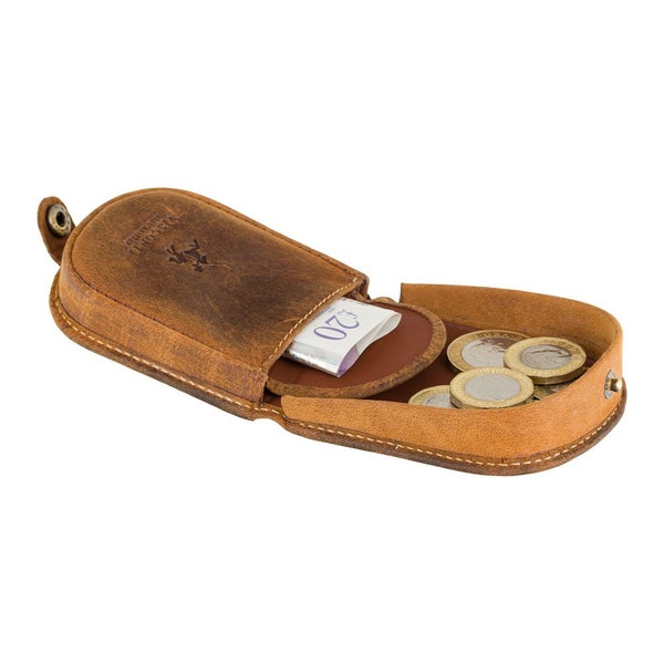 Leather Coin Tray Purse - Button Coin Purse in Oil Tan Leather - Horseshoe Coin Purse Wallet - Perfect For Coin, Cash and Small Key