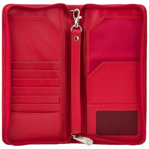 May include: Open red leather wallet with multiple card slots, pockets, and a zippered closure. Features a wrist strap with a silver-tone clasp. The interior is lined with a contrasting red fabric. The wallet has the brand name "Visconti" embossed on the bottom.