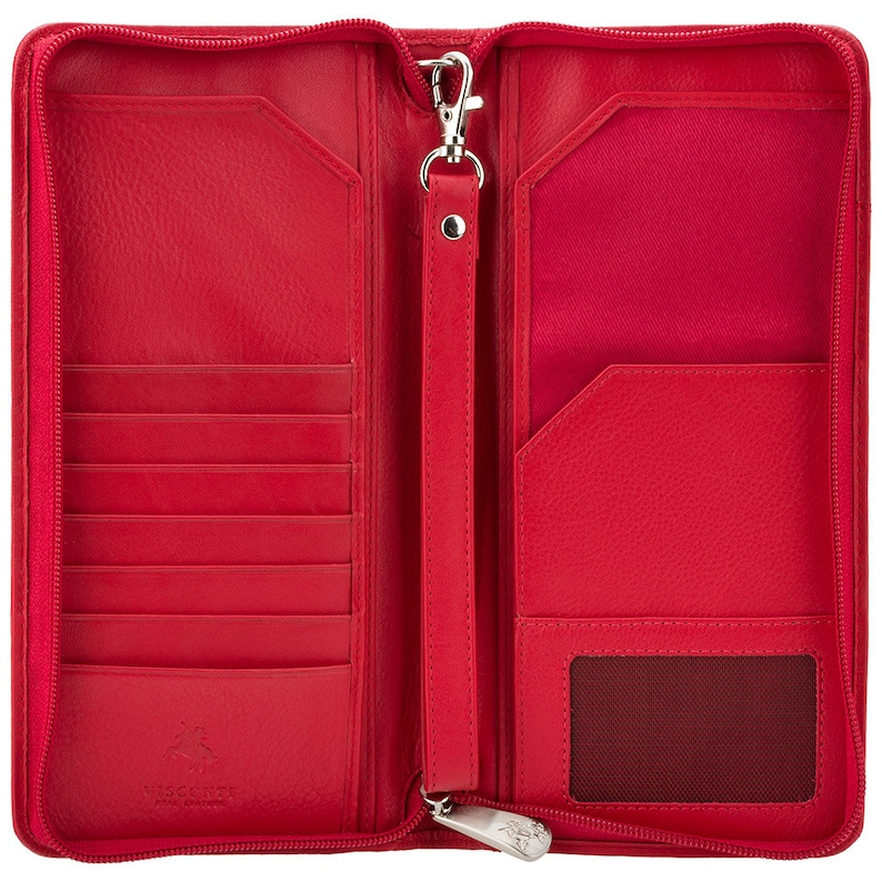 May include: Open red leather wallet with multiple card slots, pockets, and a zippered closure. Features a wrist strap with a silver-tone clasp. The interior is lined with a contrasting red fabric. The wallet has the brand name "Visconti" embossed on the bottom.
