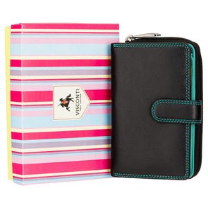 May include: A black leather wallet with teal stitching and a wrap-around zip closure, positioned next to a rectangular gift box featuring horizontal stripes in pink, light blue, yellow, and white with a Visconti Real Leather logo shield.