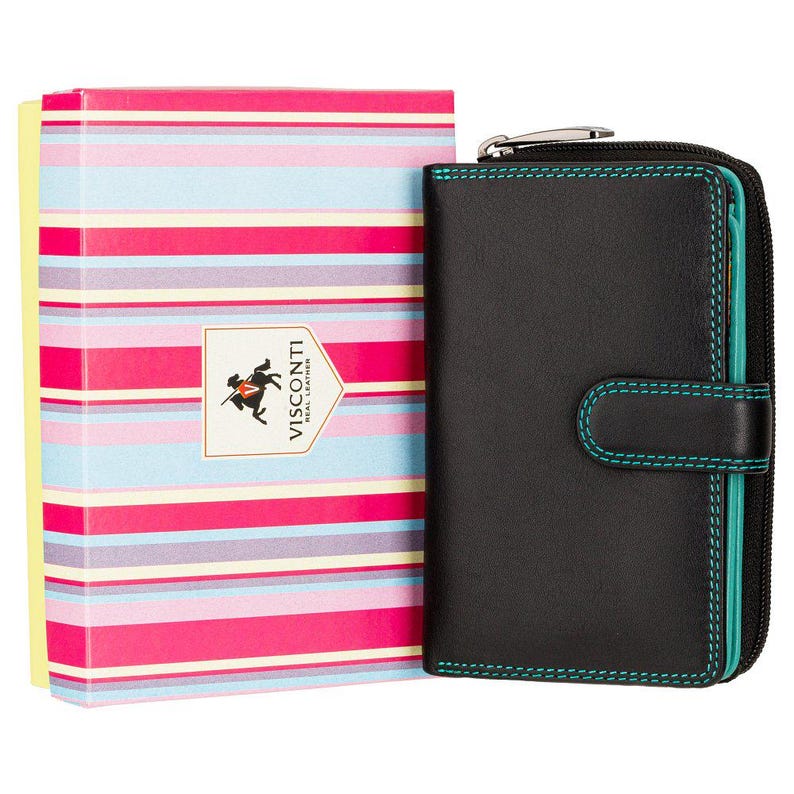 May include: A black leather wallet with teal stitching and a wrap-around zip closure, positioned next to a rectangular gift box featuring horizontal stripes in pink, light blue, yellow, and white with a Visconti Real Leather logo shield.