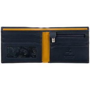 VISCONTI - Carteira de couro azul/mostarda de luxo com proteção RFID - Carteiras para homens - Couro premium - Feito à mão - PM101