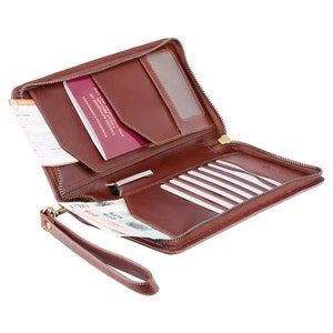 Cartera de viaje VISCONTI de piel italiana marrón de lujo con RFID - Monedero para efectivo y tarjetas - Funda para pasaporte - Portadocumentos de viaje - MZ101